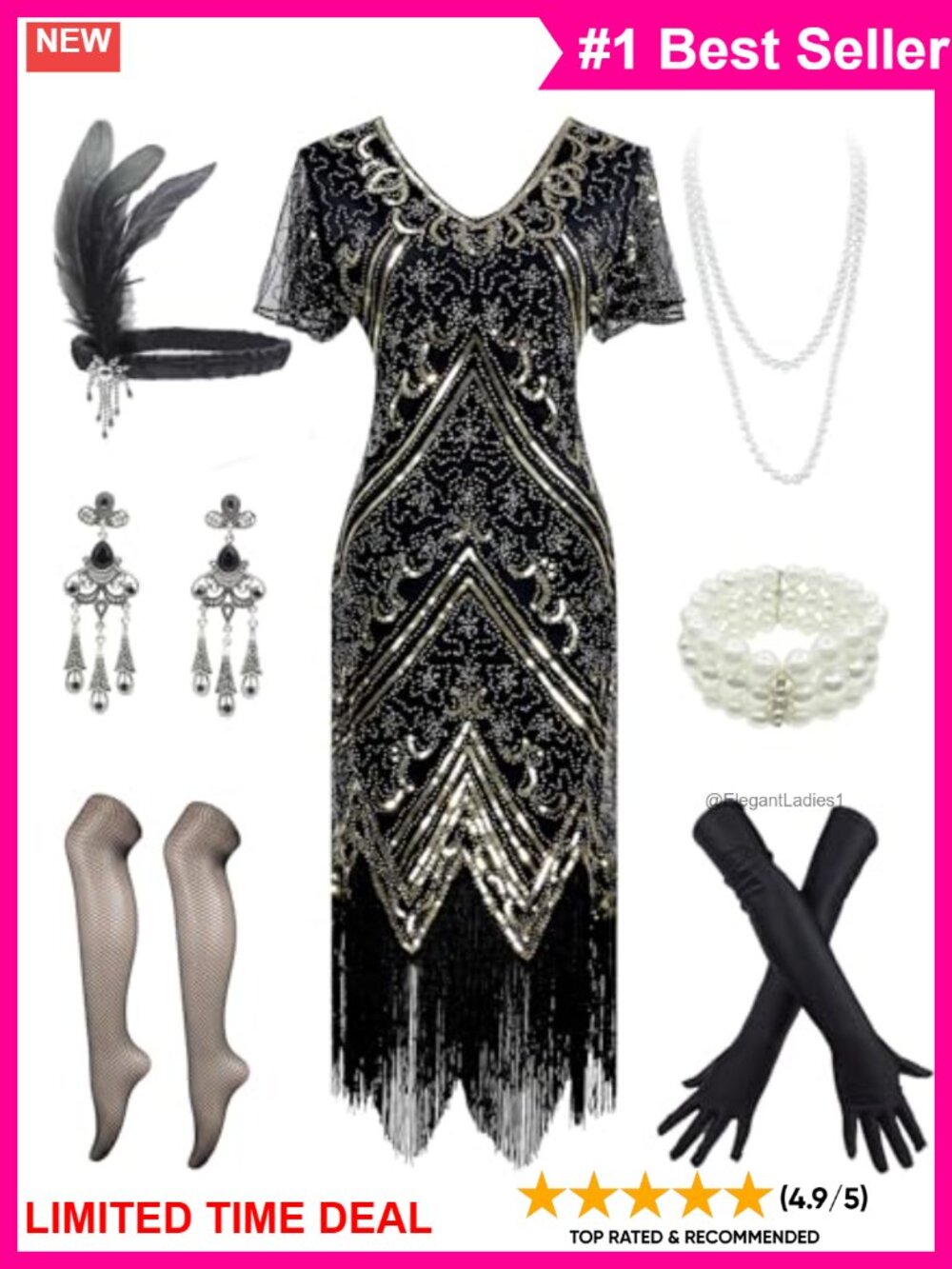 1920s Sequin Beaded Flapper Dress Costume Set Headband Gloves Pearl Necklace